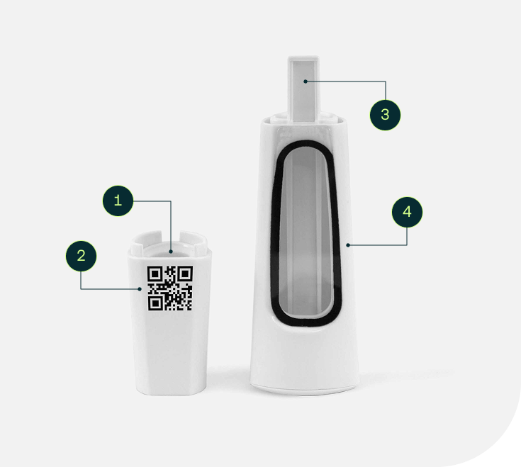Componentes da cápsula de exame do Hilab Flow: tampa, QR Code, base de amostra e tira reagente