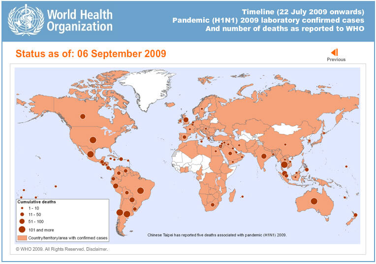 Mapa de casos e mortes por Gripe H1N1 em setembro de  2009